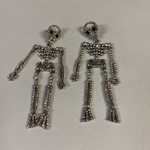 Simona Rhinestone Skeleton Corpse Earrings Silver Extra Large Dangle NEW - Picture 2 of 4